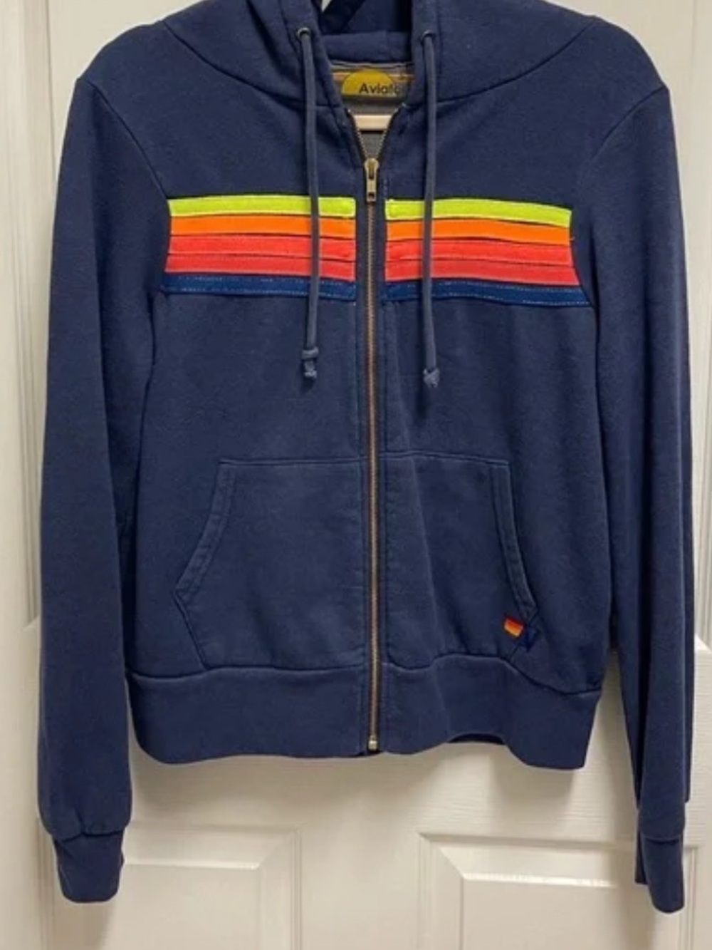 Aviator Nation Navy Hoodie with Neon Rainbow Stripes